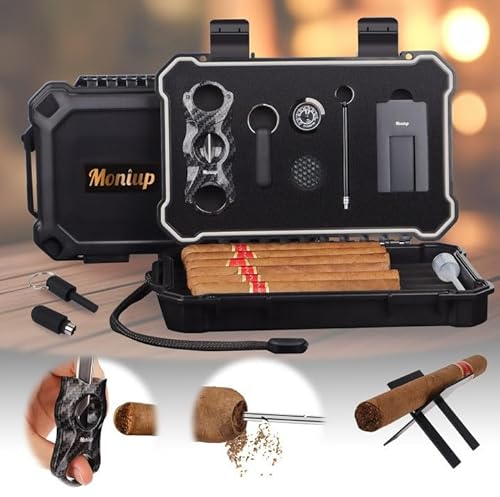Zigarren Reise Humidor Box Set mit V Cutter, Stanzer, Halter, Schubladenverstärker, Luftbefeuchter & Hygrometer, Tragbares Outdoor Case für Männer