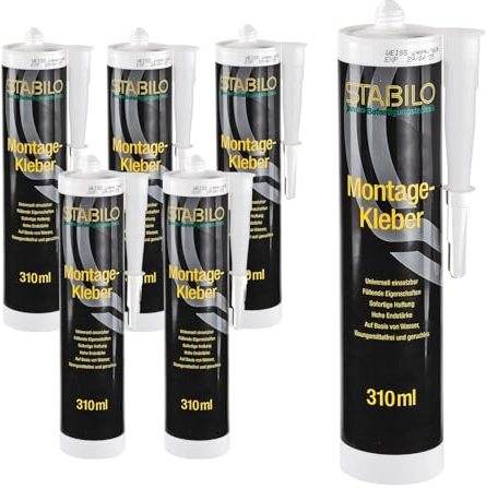6x Montagekleber weiß 310ml | Baukleber, Kleber für Beton, Mauerwerk, Putz, Holz, Metall, PVC, usw. | 6 Stück