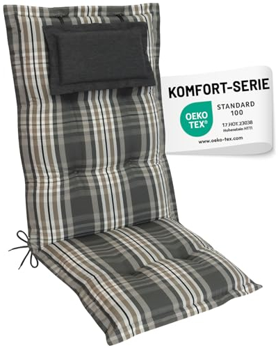 Herlag Hochlehner-Gartenstuhlauflage AVA 123x50x9cm | Extra Dicke Sitzauflage 9 cm mit Kopfpolster | Polsterauflage mit Deluxe-Komfort | Öko Tex 100 | 1 Polster | Grau Kariert