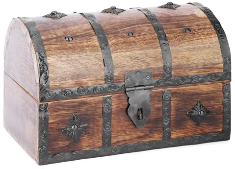 Ajuny Wooden Pirate Treasure Chest Jewellery Box 9x6in (23×15 cm) – Handmade Mango Wood Keepsake Storage with Shell Strip Inlay, Vintage Decorative Trinket Organiser, Gift for Women & Men