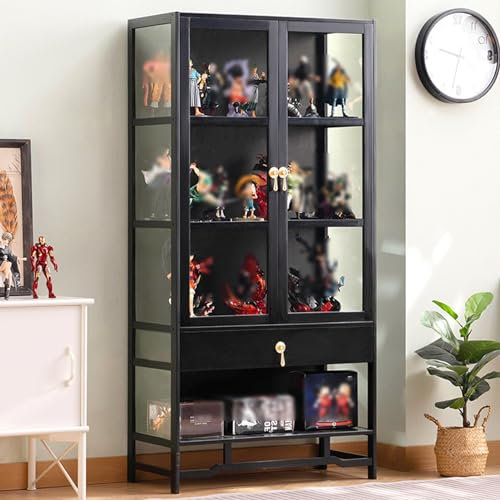 Kuriositätenvitrine, Glasvitrine, Vitrinen aus natürlichem Bambus für Sammlerstücke, Doppeltür-Design zur praktischen Aufbewahrung, für Schlafzimmer/Wohnzimmer, mit Schublade (Größe: 140 x 70 x 33 cm/