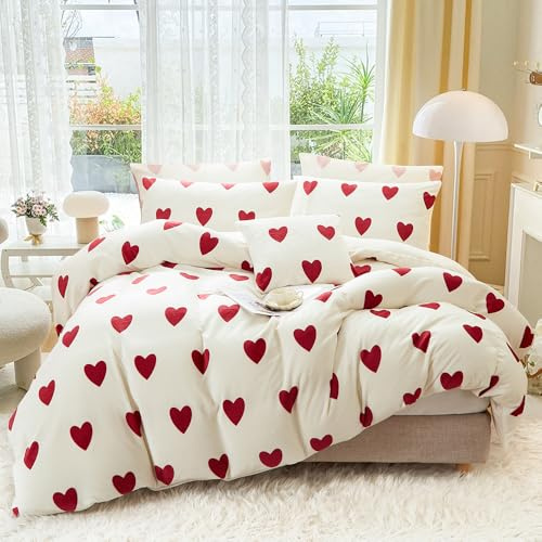 Covebett Flanell Bettwäsche 200x200 Herzen Rot Weiß Winter Biber Plüsch Wende Winterbettwäsche 3teilig, Warme Flauschig Cashmere Touch Bettbezug und 2 Kissenbezug 80x80 mit Reißverschluss