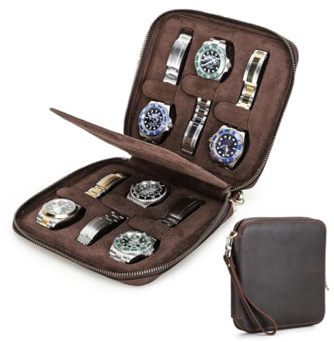 Contacts Herren-Armbanduhr, echtes Leder, Reißverschluss, schmale Box, minimalistische Vintage-Uhr, Handtasche, Clutch mit Befestigungsriemen (Kaffee, 6 Fächer)