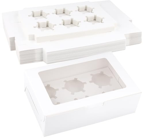 SOUJAP 40 PCS 6 Hole White Cupcake Boxes, 24 x 15.5 x 7.5 cm 6 Hole Cupcake Boxes with Window, White Cupcakes Boxes for Home Baking, Party, Wedding
