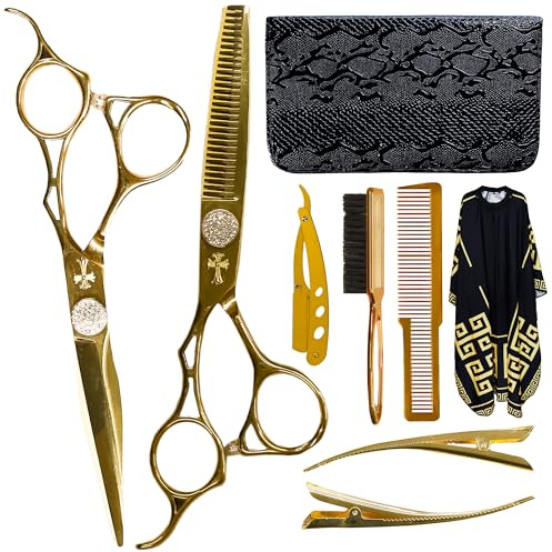 WR CASTLE Home Friseur Set Profi Komplett⏐ Haarschneideschere ⏐ Haarklammern ⏐ Bürste ⏐ Kamm ⏐ Rasiermesser ⏐ Umhang ⏐ Ledertasche