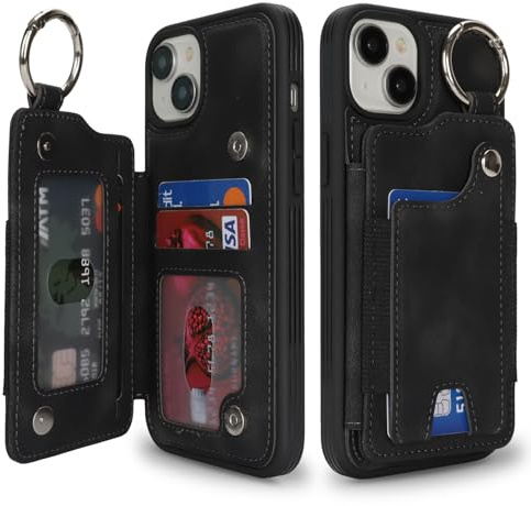 SailorTech Case for iPhone 15 Plus Phone Case with Keychain Ring Credit Card Holder for Women, iPhone 15 Plus Leather Case Wallet with Kickstand Card Slots Fashionable Case for Men - Black