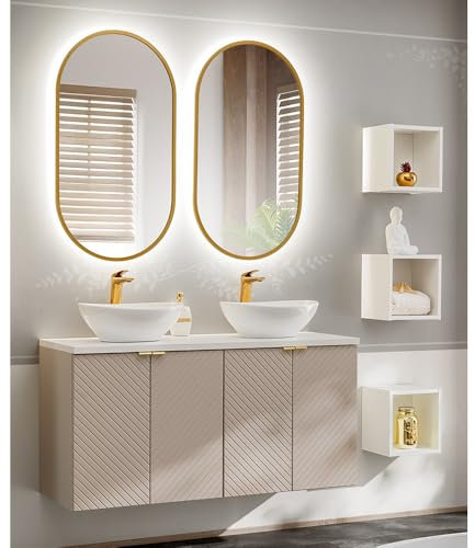 Lomadox Badezimmer Badmöbel Set 6-teilig in Kaschmir und weiß mit 120 cm Doppelwaschtisch mit Keramikwaschbecken, 2 LED-Spiegel, 3 Badregale, gerillte Front, wandhängend