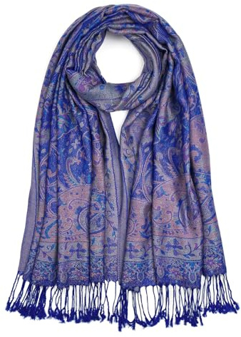 QIUTIMIY Paisley Pashmina Scialle Wrap Donne Reversibile Vintage Jacquard Pashmina Rave Sciarpa con Frange per Serata, Matrimonio, Fiore7-blu reale, 200 * 70 cm