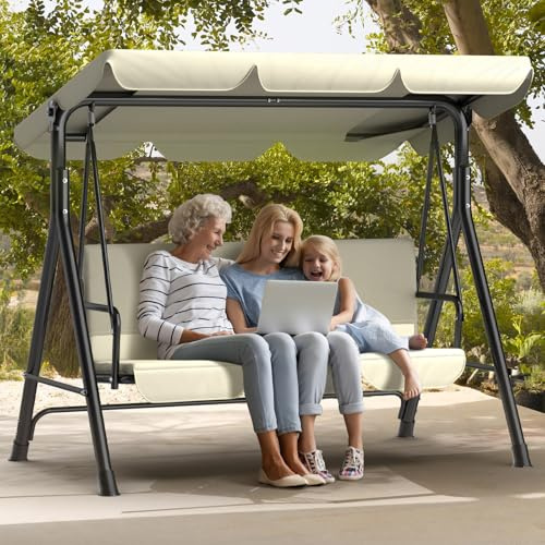 Kidsgigglz Gartenschaukel Hollywoodschaukel 3-Sitzer mit Verstellbarem Sonnendach｜Schaukelbank Ergonomisches Wetterfest｜Gartenliege Schaukelbank Ideal für Garten und Terrasse, einfache Montage｜Beige