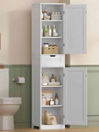 TEENFON Badezimmerschrank Schmal mit voller 40 cm Breite，Badschrank mit 2 Türen und 1 Schublade, Hochschrank mit Verstellbaren Regalen für Badezimmer, Wohnzimmer, Flur, Küche, 40x30x170 cm, Weiß