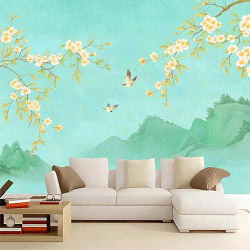Carta da parati Fiori Montagne Uccelli 250x175 cm Murale Carta da parati Stampa 3D Moderna, Fotomurale Decora per Camera Letto, Soggiorno, Stanza Bambini