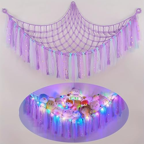 Lunriwis Kuscheltier Aufbewahrung Netz mit LED-Leuchten, Boho Makramee Spielzeug kinderzimmer deko, StofftieStofftier Aufbewahrungstasche Hängematte Aufbewahrung Kuscheltiere Lila