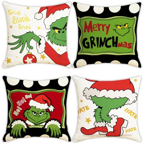 Christmas Pillow Covers 4 Pcs, Christmas Decorations Throw Pillow Cover, 18x18 Inches The Grinch Stripe Pillow Case, 45x45 cm Winter ChristmThrow Cushion Case for Home Couch, Farmhouse Decor