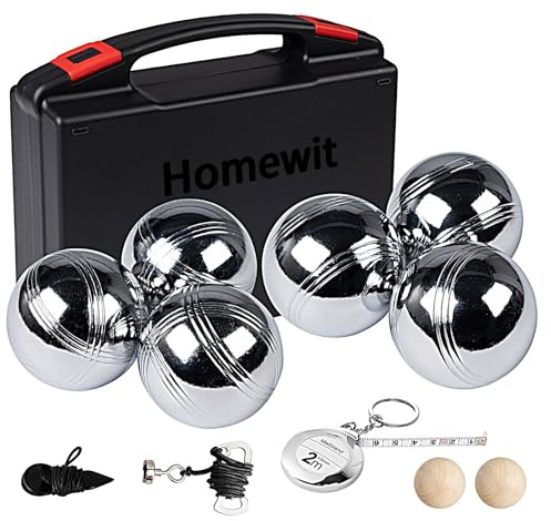 Homewit Boccia Kugeln, Professionelles Petanque, Metall Boule Set mit Holz-Kugeln, Abstandsmesser, Magnet-Kugelsammler & Stabil Aufbewahrungsbox, Botcha Balls für Outdoor Spiel, Strand