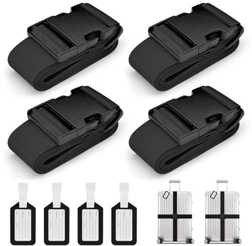 Koffergurte 4 Stück, Verstellbare Kofferband mit Adressschild, Kreuzgurt Kofferbänder für Koffer Markierung, Reisezubehör Gepäckgurt Luggage Strap zum Sicheren Verschließen(4 Schwarz)