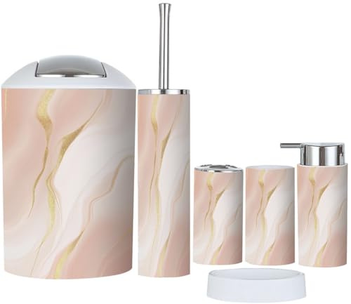 Set di 6 accessori da bagno in marmo rosa oro rosa include scopino per WC, dispenser di sapone, portaspazzolino, tazza, portasapone e cestino per la spazzatura, per eleganti decorazioni per la casa