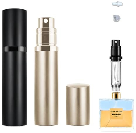YiLianSM 2PCS 5ml Perfume Atomizer Travel Refillable, Bottom-Filling Fragrances Perfumes Bottle, Pocket Atomiser for On the Go (Black & Champagne Gold)