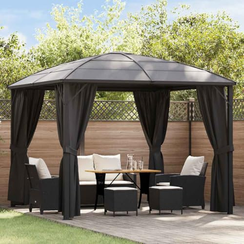 Tonnelle avec rideaux - 300 x 300 x 265 cm - Anthracite - Toit en polycarbonate résistant aux UV - Cadre en aluminium - Idéal pour les fêtes de jardin et les terrasses