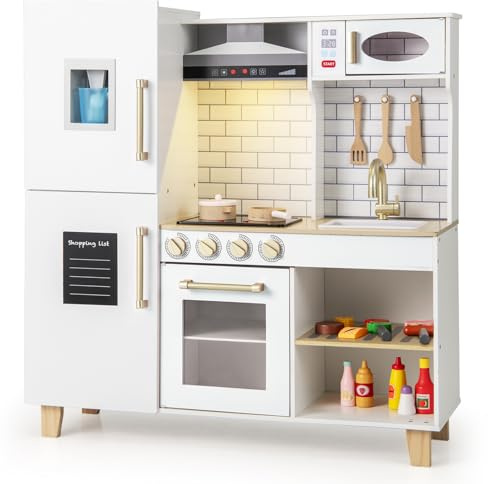 DREAMADE Kinderküche Holz mit 10 TLG. Zubehör, Holzküche Kinder Küche mit Herd Dunstabzugshaube Eismaschine Ofen, Spielküche mit Licht und Sound für Kinder ab 3 Jahren (Weiß)