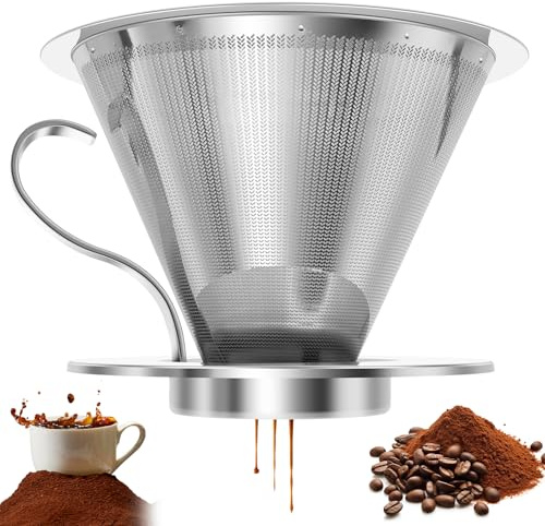 BAODBF Kaffeefilter Edelstahl Wiederverwendbarer Tassenaufsatz Silber | Doppelschichtiger 304 Permanentfilter ohne Papier für Kaffeemaschine Kaffeekanne Handfilter Dripper Maschenfilter 19x12.2 cm