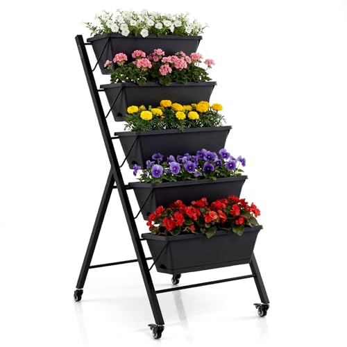 GYMAX Jardinière Surélevée Extérieur à 5 Niveaux avec Bacs Amovibles | Carré Potager Surélevé avec Roulettes Verrouillables et Trou de Drainage pour Balcon Terrasse Cour, 57 x 68 x 117 cm