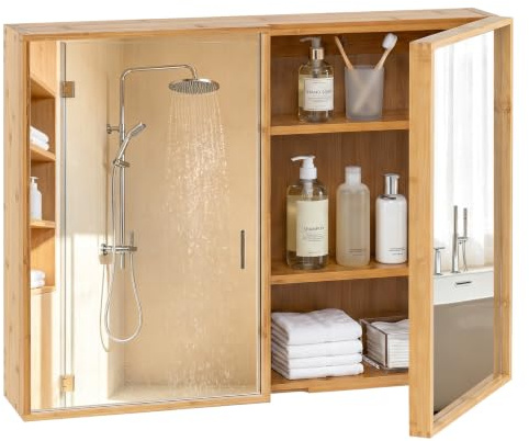 COSTWAY Armadietto a Specchio da Bagno, Mobile Bagno da Parete | in Bambù con 2 Ante Specchio e 2 Ripiani Regolabili, Salvaspazio per Camera da Letto e Ingresso, 65 x 14 x 50,5 cm