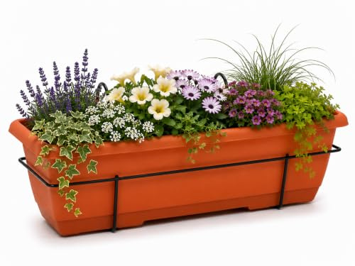 60cm Terracotta Railing Planter Box with Metal Hanging Bracket, Balcony Fence Hanging Flower Pot, Weather Resistant Outdoor Window Box Planter for Balconies, Fences, Railings, Patios & Gardens