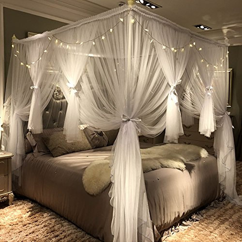 Joyreap 4 Corners Post Canopy Bed Curtain for Girls & Adults - Royal Luxurious Cozy Drapes - Cute Princess Bedroom Decoration Accessories (White, 59 W x 78 L, Full/Queen)