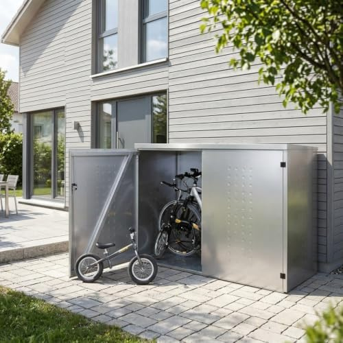 reinkedesign Fahrradgarage aus gebürstetem Edelstahl inkl. Pultdach | Für bis zu 3 Räder/E-Bikes I Made in Germany | Einfaches Montieren I Optional mit Ladevorrichtung I Langlebig