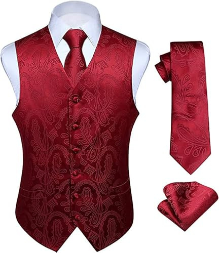 Enlision Väst för män, paisley, blommig, jacquard, slips, ficka, fyrkantig näsduk, bröllopsfest, passar affärer, väst, tweedkostym, set med västar, Vinröd, 6XL