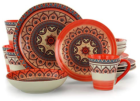 Elama Zen Rust Mozaik Mandala Round Stoneware Multicolor Dinnerware Set, 16 Piece, Orange