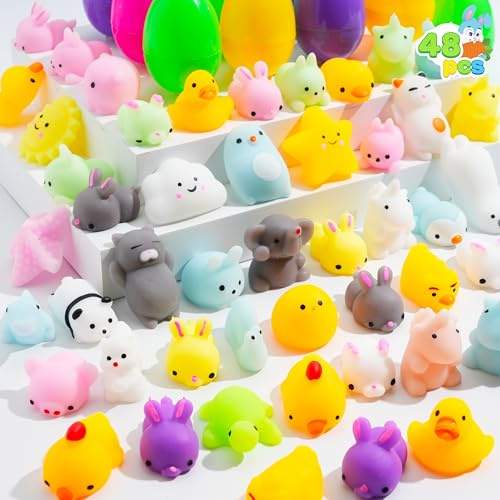 JOYIN 48 vorgefüllte Ostereier gefüllt mit 48 Mochi-Squishy-Spielzeugen für Kinder, Ostereier zum befüllen für Ostern Partyzubehör, für Osterthema Party Gunst, Ostereier jagen, für Osterkörbe