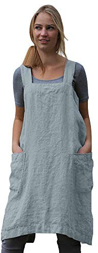 Pinafore - Delantal cuadrado para mujer, para hornear, cocinar, trabajos de jardinería, espalda cruzada, mezcla de algodón y lino, vestido con 2 bolsillos, color azul claro, talla 2XL