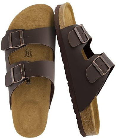 CUSHIONAIRE Lane Cork Footbed Mens Sandals, Adjustable Buckle Comfort Slides for Men, Genuine Leather Insole Summer Sandals Men Footwear, BROWN 8