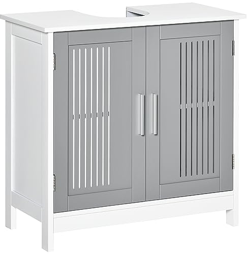 kleankin Modern Under Sink Cabinet with 2 Doors, Bathroom Vanity Unit, Pedestal Under Sink Design, Storage Cupboard with Adjustable Shelves, Grey