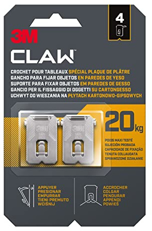3M CLAW Crochets pour Accrocher des Tableaux sur des murs en plâtre, 4 Crochets - Poids Maxi testé jusqu'à 20 kg - Idéal pour Fixer des Objets lourds, Miroirs, Décoration d'intérieur, sans Outil