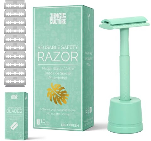 Jungle Culture® Rasoir de Sureté en métal avec 10 Lames pour femme Vert Menthe • Rasoir et support réutilisables • Rasage Manuel & eBook de Rasage • Convient aux lames de rasoir double tranchant