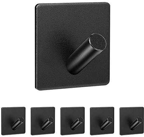 SISYS Ganci autoadesivi resistenti da parete, confezione da 6 adesivi, in acciaio inossidabile, impermeabili, gancio per cucina, bagno, casa, camera da letto, nero