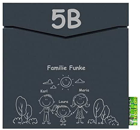 MOCAVI Box 710 Nf 14a Design-Briefkasten mit Zeitungsrolle anthrazit mit Vornamen, Hausnummern und Figuren Postkasten mit Zeitungsbox und lustigem personalisiertem Familie-Motiv