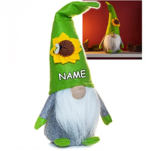 alles-meine.de GmbH lustiger Wichtel/Zwerg 33 cm groß grün - mit Sonnenblume & Biene - inkl. Name - für Sommer & Winter - Weihnachten - Plüschtier/Kantenhocker/Türstop..