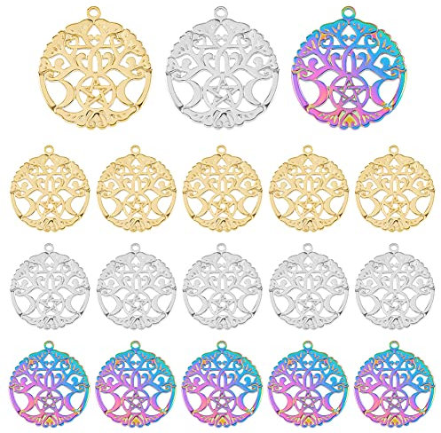 DICOSMETIC 18 Pz 3 Colori Albero Della Vita Ciondolo In Acciaio Inossidabile Ciondolo Rotondo Piatto Cavo Oro e Colore Arcobaleno Fasi Lunari Ciondoli per Creazione di Gioielli Accessorio, Foro: 2mm