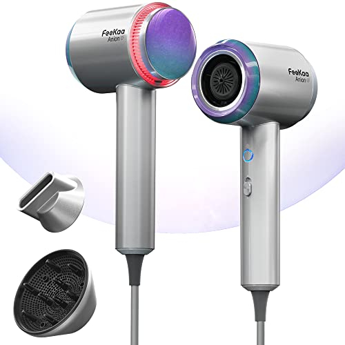 Ionen Haartrockner - Feekaa Föhn 100 Millionen negative Ionen, mit Diffusor und Rotierender Magnetdüse Konzentrat, für Reisen & Lockiges Haar, Mit 4 konstanten Temperatureinstellungen, Matt-schwarz