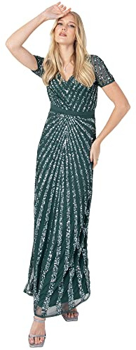 Maya Deluxe dam maxi dam embellished paljett lång kort ärm V-hals hög empire midja skuren glänsande bal We Bridesmaid dress, taupe, 36 EU