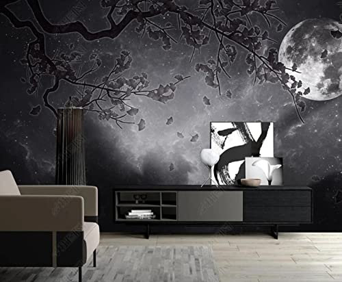 Papier Peint Panoramique Noir Et Gris Ciel Étoilé Fleurs Et Oiseaux Papier Peint 3D Intissé Decoration Murale Chambre Salon
