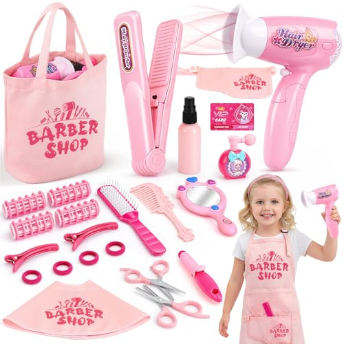 Sanlebi Giocattoli per parrucchieri per ragazze, set di giocattoli per acconciature per bambini dai 3 ai 6 anni, con asciugacapelli, forbici da barbiere e accessori per stilisti, regalo di Natale e