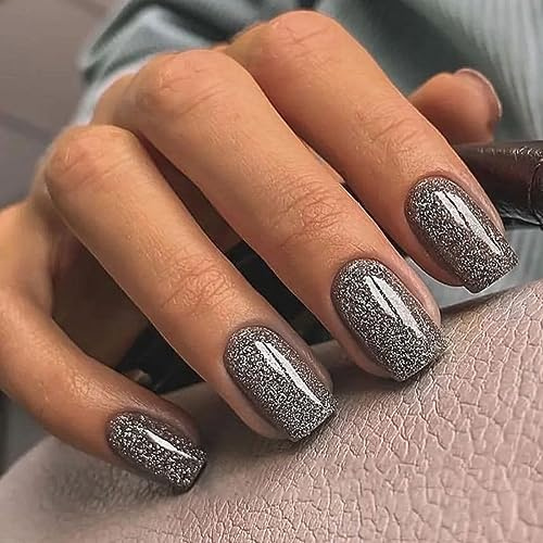 JUSTOTRY 24 Stück Glitter Nägel Zum Aufkleben Mittel Motiv,Grau Eckig Press on Nails,Glossy French Künstliche Nägel,Square Fingernägel Fake Nails für Frauen