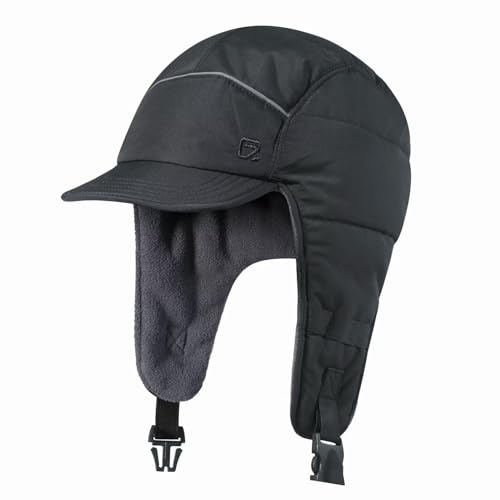 GADIEMKENSD Winter Trapper Hunting Hat with Earflaps Brim Visor Reflective Baseball Cap Warm Aviator Hats for Ski Rain Work Running Golf Outdoor Black
