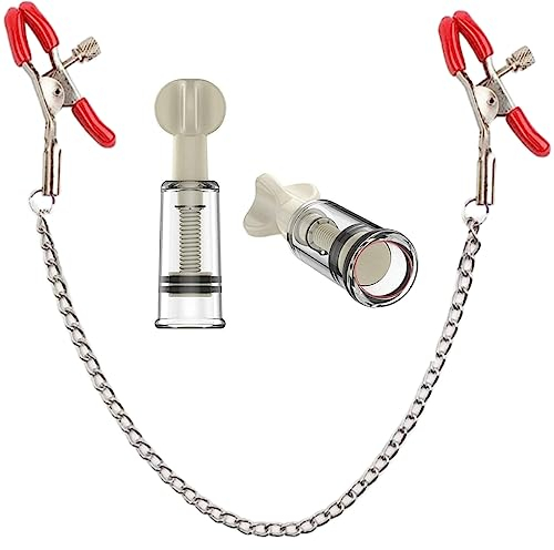 COOFLNE Nipple Suckers and Nipple Clips Clamps Stainless Steel Non Piercing Nipple Rings Decorative Clip Adult for Pleasure Toys for Women/Men Adjustable Pressure Breast Clamps (red)