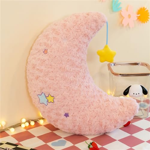 Uixxducc Kuschelkissen Kinder Sternkissen Mondkissen, Weiche Flauschige Stern Mond Kissen Zierkissen Sofakissen, Plüsch Dekokissen für Kinderzimmer Schlafzimmer Deko Geschenke für Kinder (Rosa,Mond)