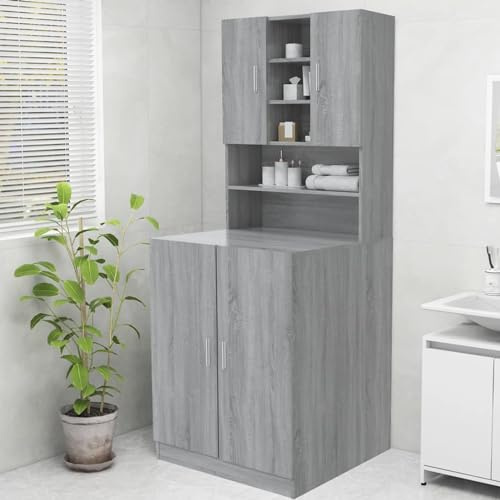 Tidyard Bathroom Laundry Cabinet with 2 Doors & 9 Compartments - Engineered Wood, Grey, Modern Design, Wall Attachment Required Model815946